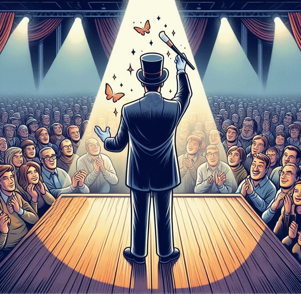 Cartoon eines Zauberers auf der Bühne